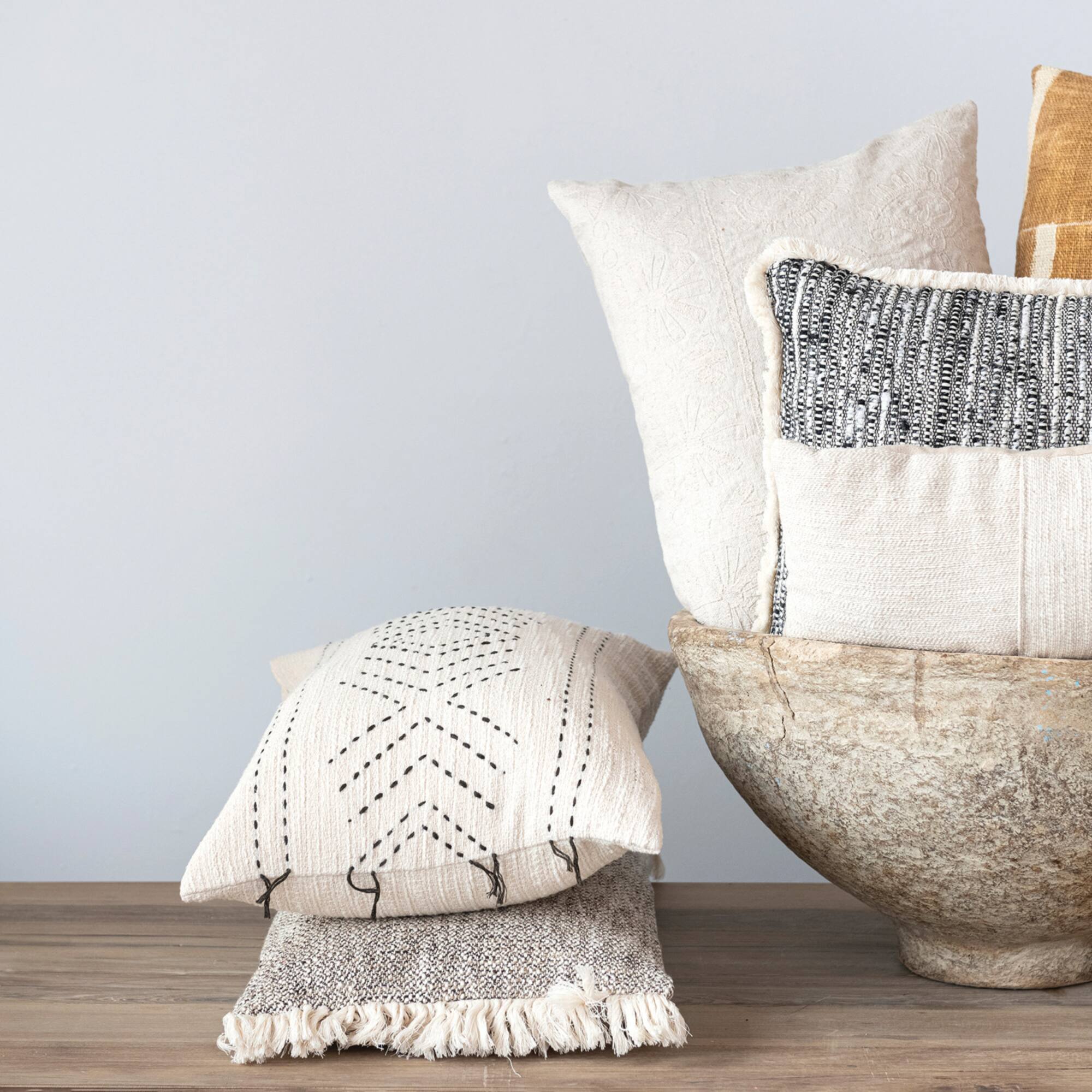 Hello Honey® Natural & Black Hand-Embroidered Cotton Lumbar Pillow with Kantha Stitch